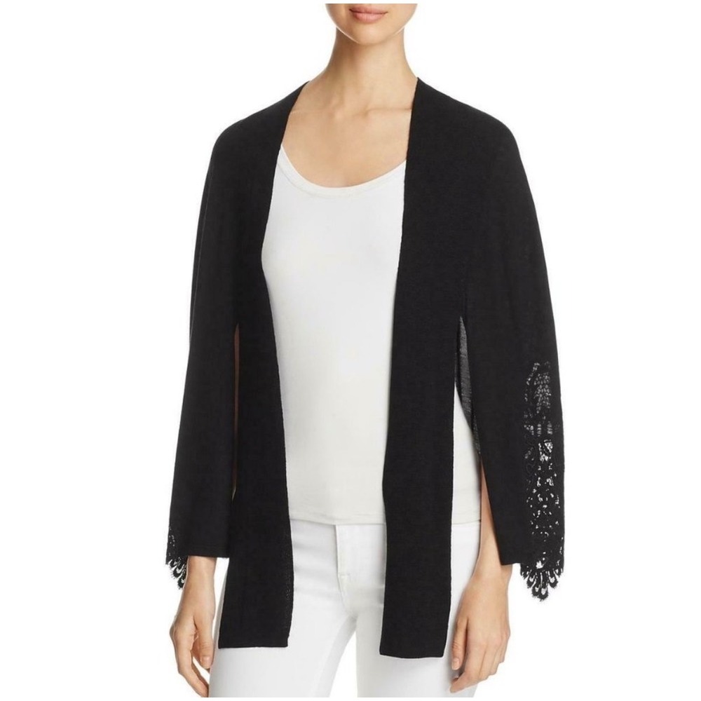 Kobi Halperin Black Fine Wool Lace Trim Open Sweater Wrap S
